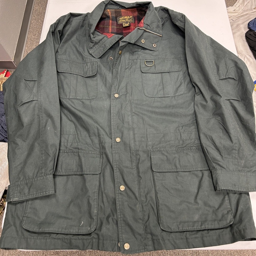 Eddie Bauer Field Jacket Mens XL Green Plaid Lined Canvas Hunting Barn Coat